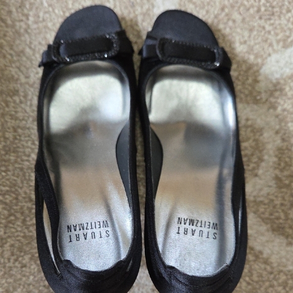 Stuart Weitzman Black Satin Peep-Toe Pumps w/ Rhinestone Bow - Size 8 - Picture 7 of 10